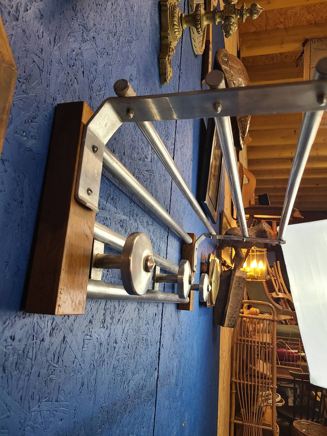 Coat rack, oak, vintage aluminum