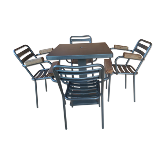Set table and 4 armchairs bistro garden Tolix Xavier Pauchard 1950s