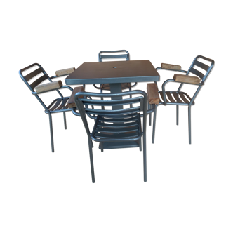Ensemble table et 4 fauteuils bistrot jardin Tolix Xavier Pauchard  années 1950