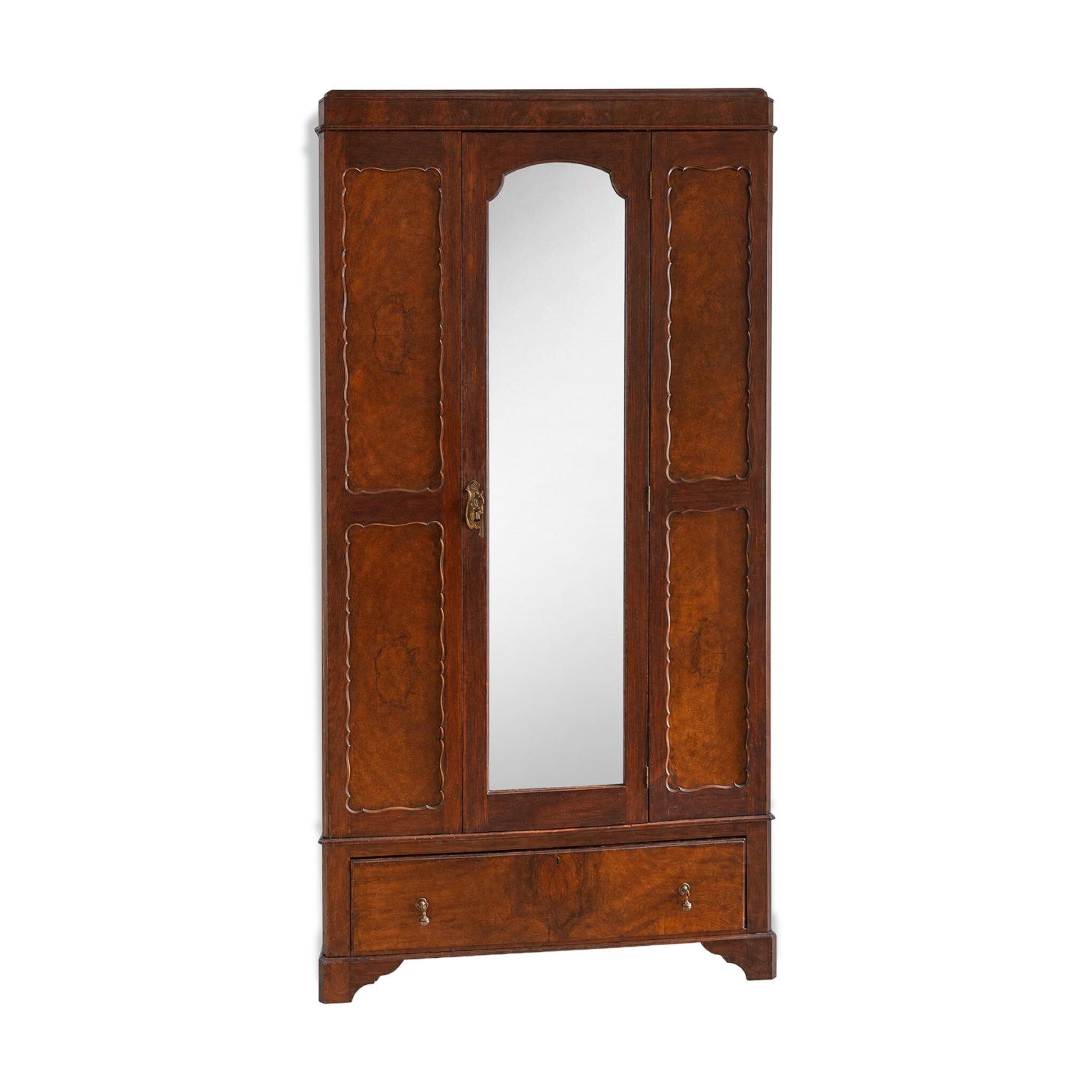 Antique walnut burl wardrobe with central mirror and large drawer.