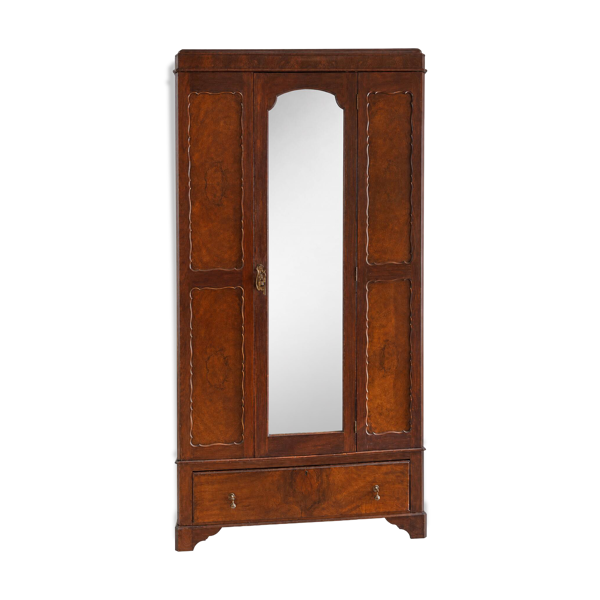 Armoire ancienne en loupe de noyer avec miroir central et grand tiroir
