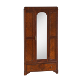 Antique walnut burl wardrobe with central mirror and large drawer.