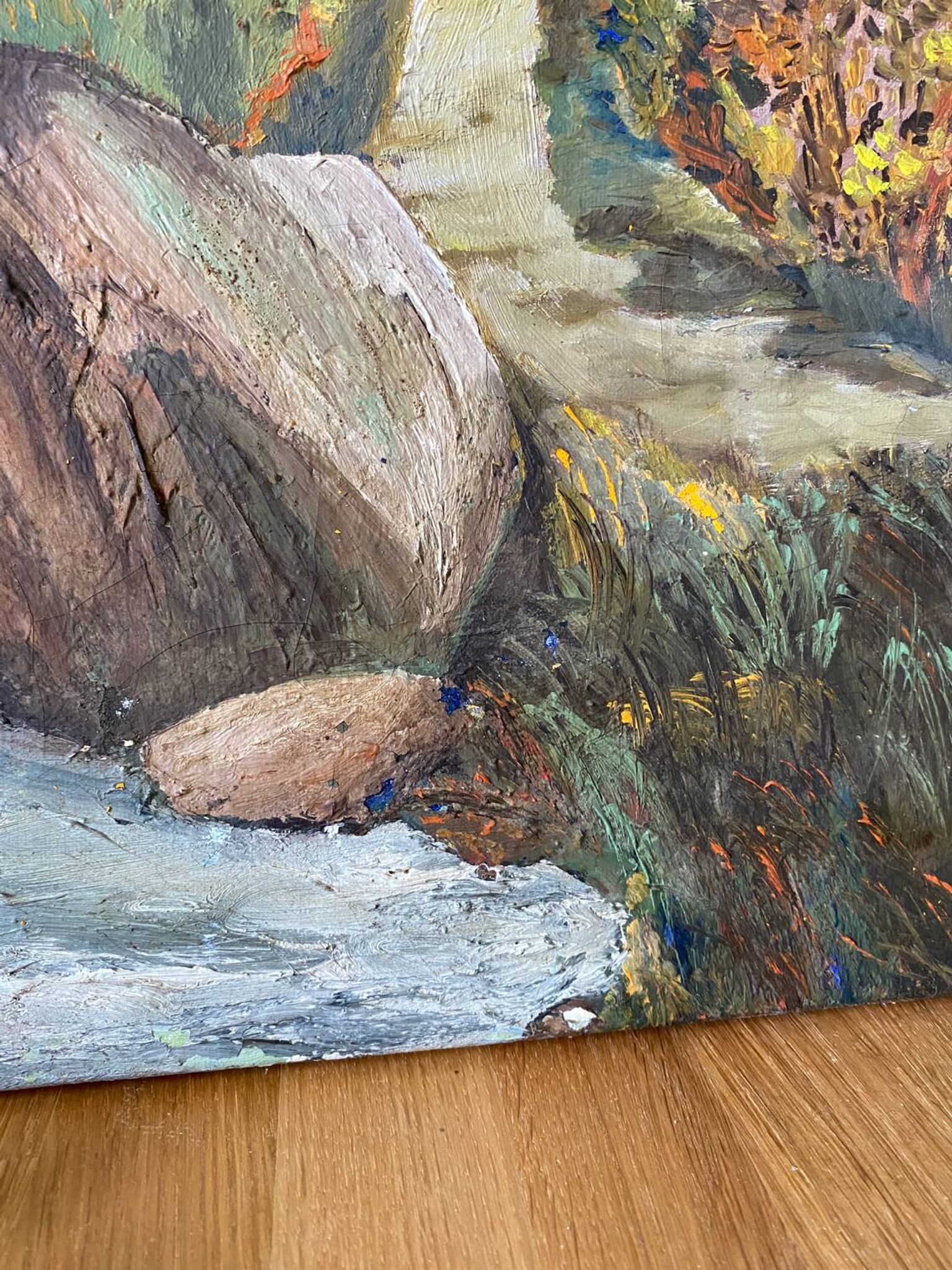 Oil on canvas mountain and river 1965