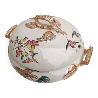 Soupière porcelaine décor héron et bambou