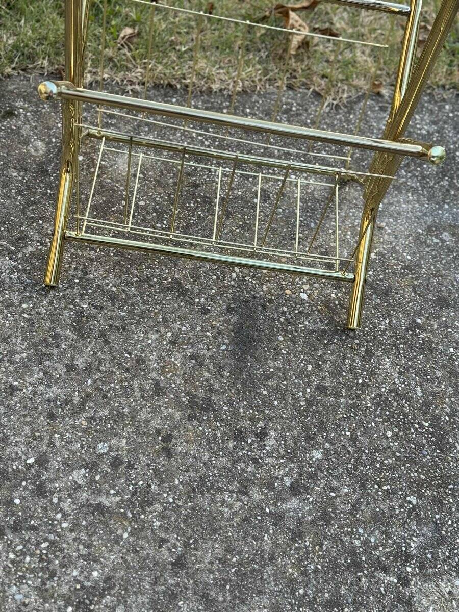 Mid-century modern brass and smoked glass side table with integrated magazine holder, 1970s