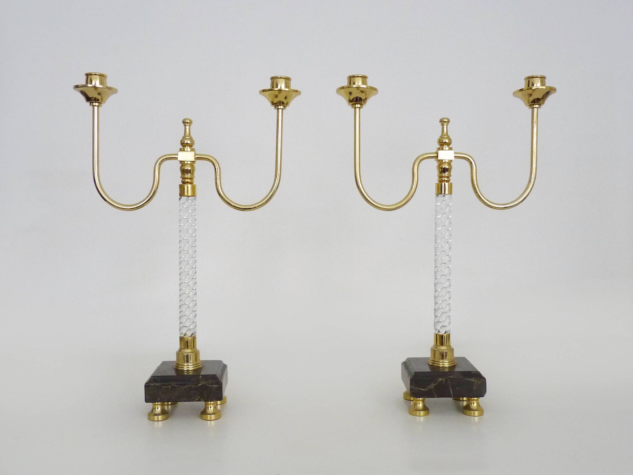 Pair of large candlesticks, Restoration style in brass, black marble, glass. 19th century