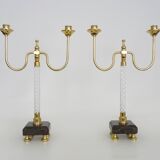 Pair of large candlesticks, Restoration style in brass, black marble, glass. 19th century
