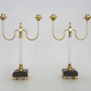 Pair of large candlesticks, Restoration style in brass, black marble, glass. 19th century