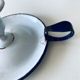 Antique candle holder in white and blue enamelled metal