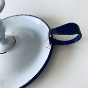 Antique candle holder in white and blue enamelled metal