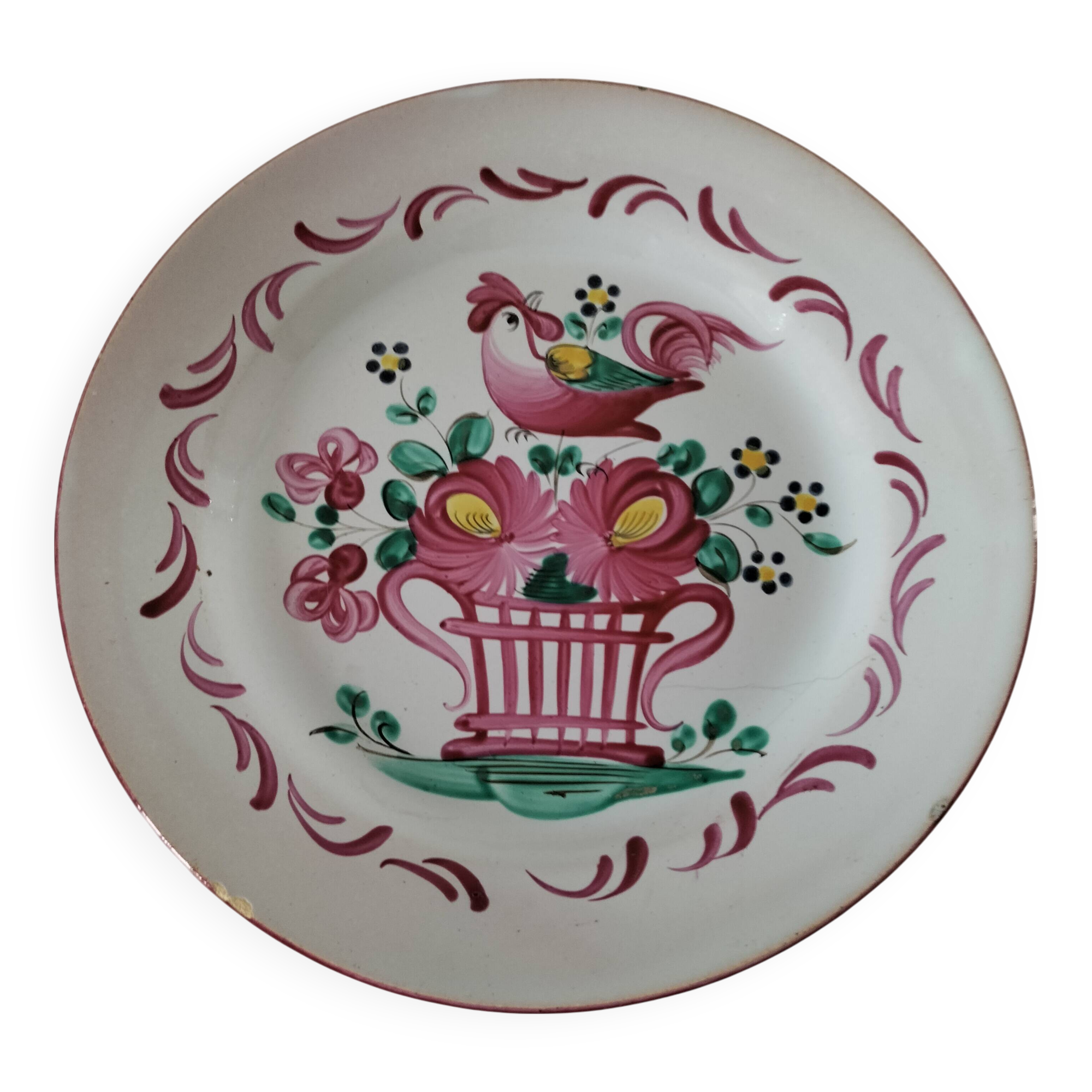 Saint-Clément & K&G plate – rooster on basket decoration, circa 1920