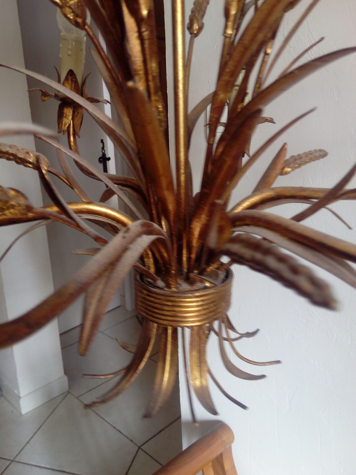 Chandelier ear of wheat years 60/70 6 branches gold metal 103 cm