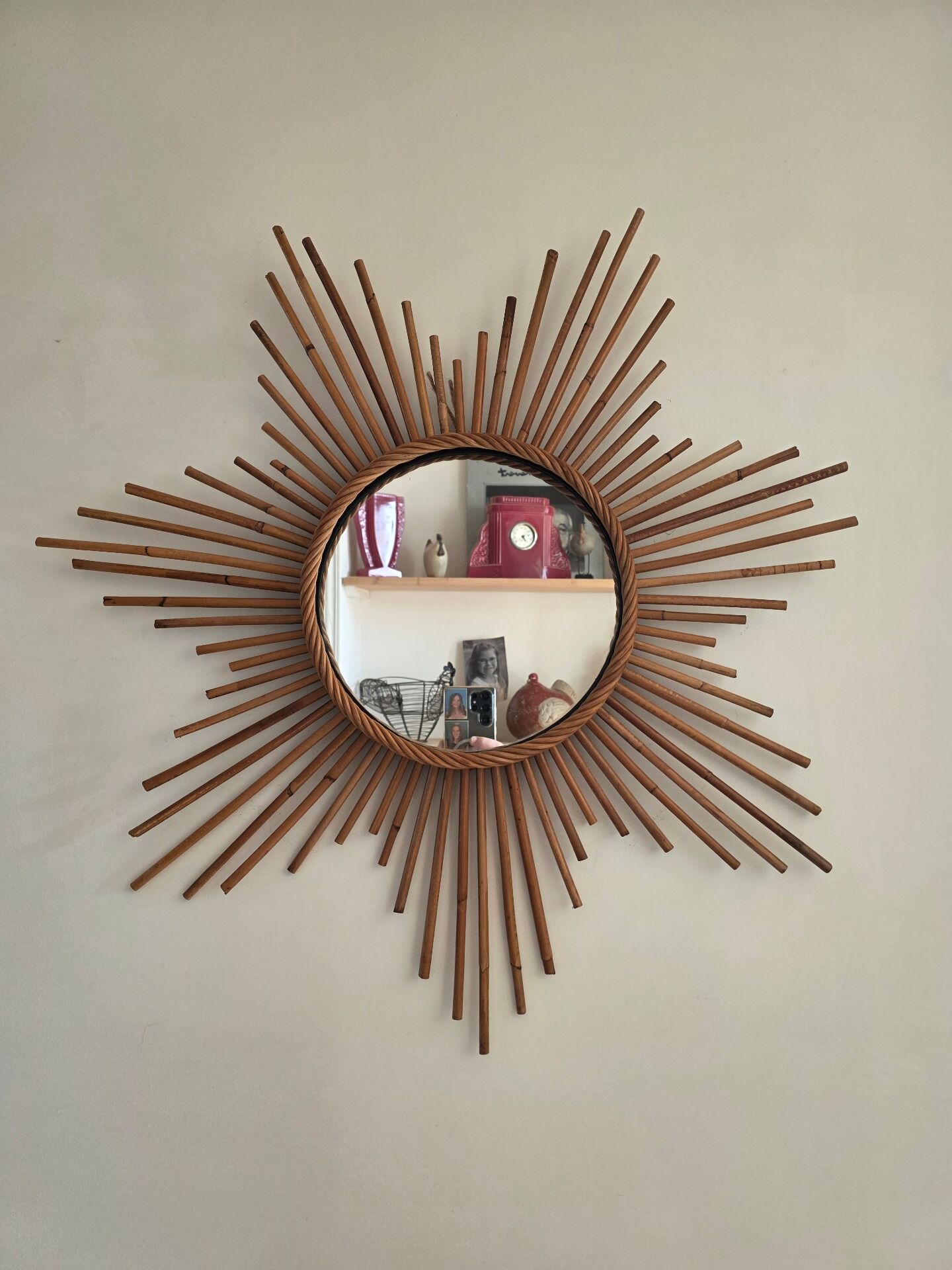 Vintage XL rattan sun mirror