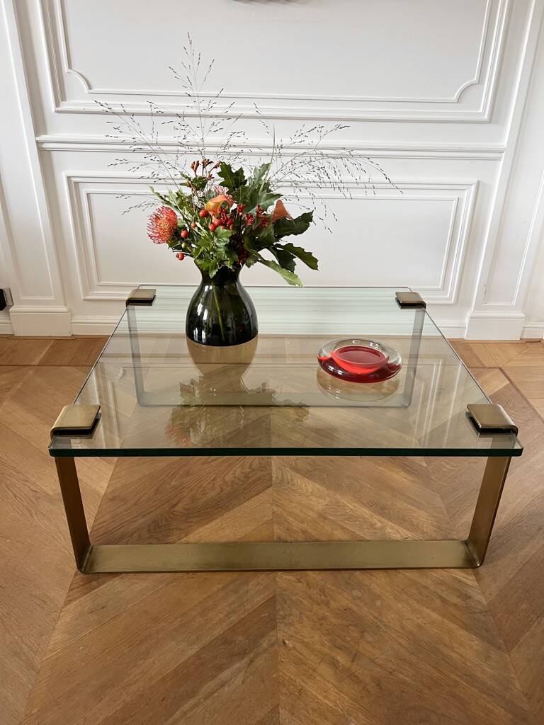 Table basse en verre et laiton Ronald Schmitt, 1970