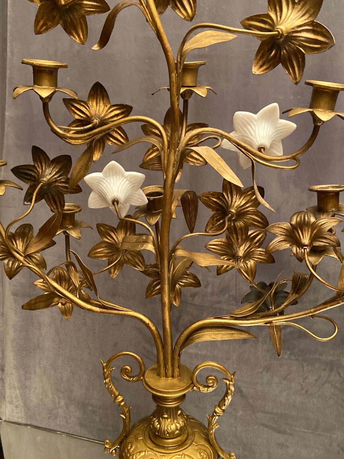 Pair of church candlesticks decorated with brass and opaline flowers nineteenth