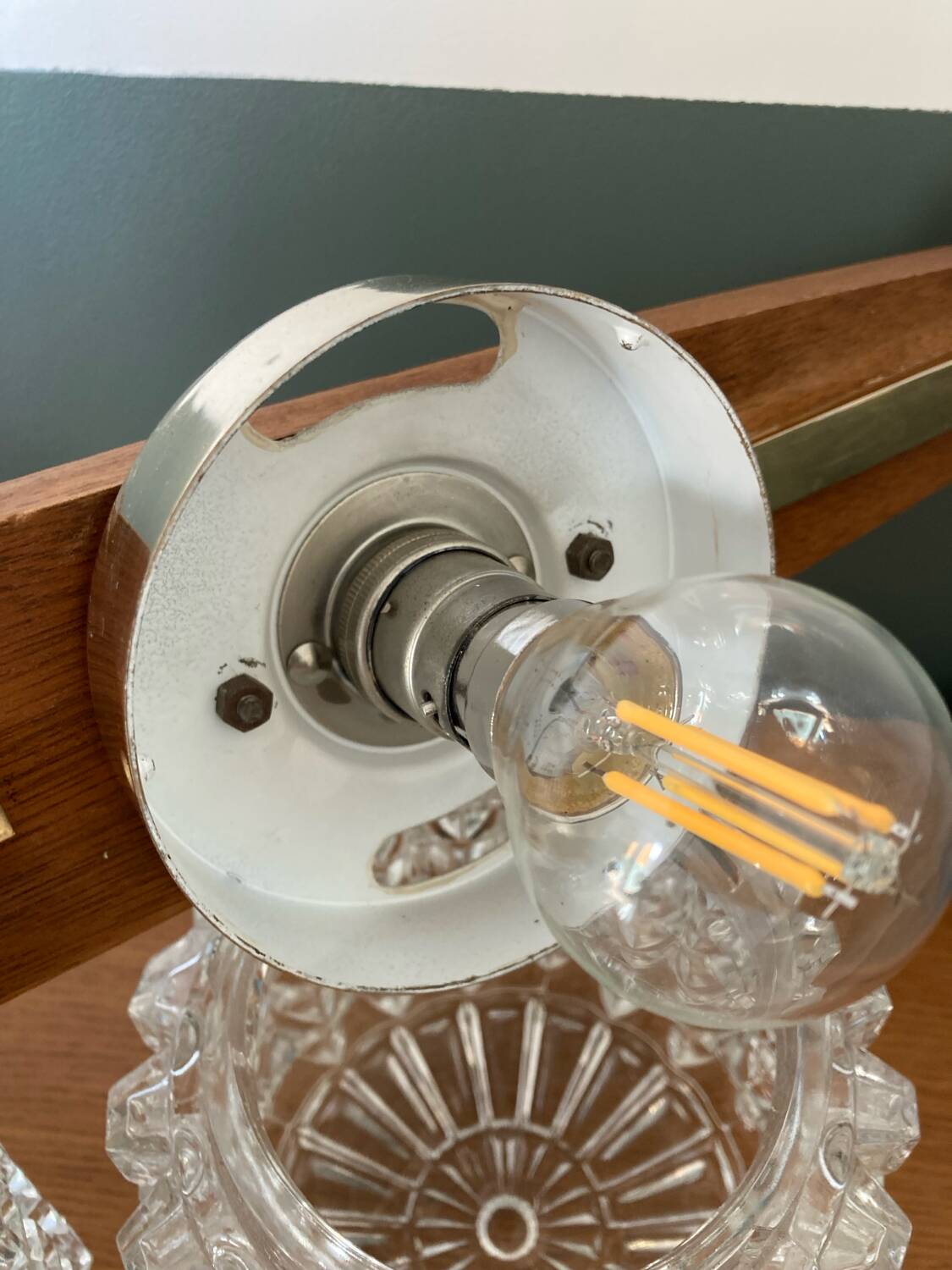 Vintage teak, brass and glass chandelier