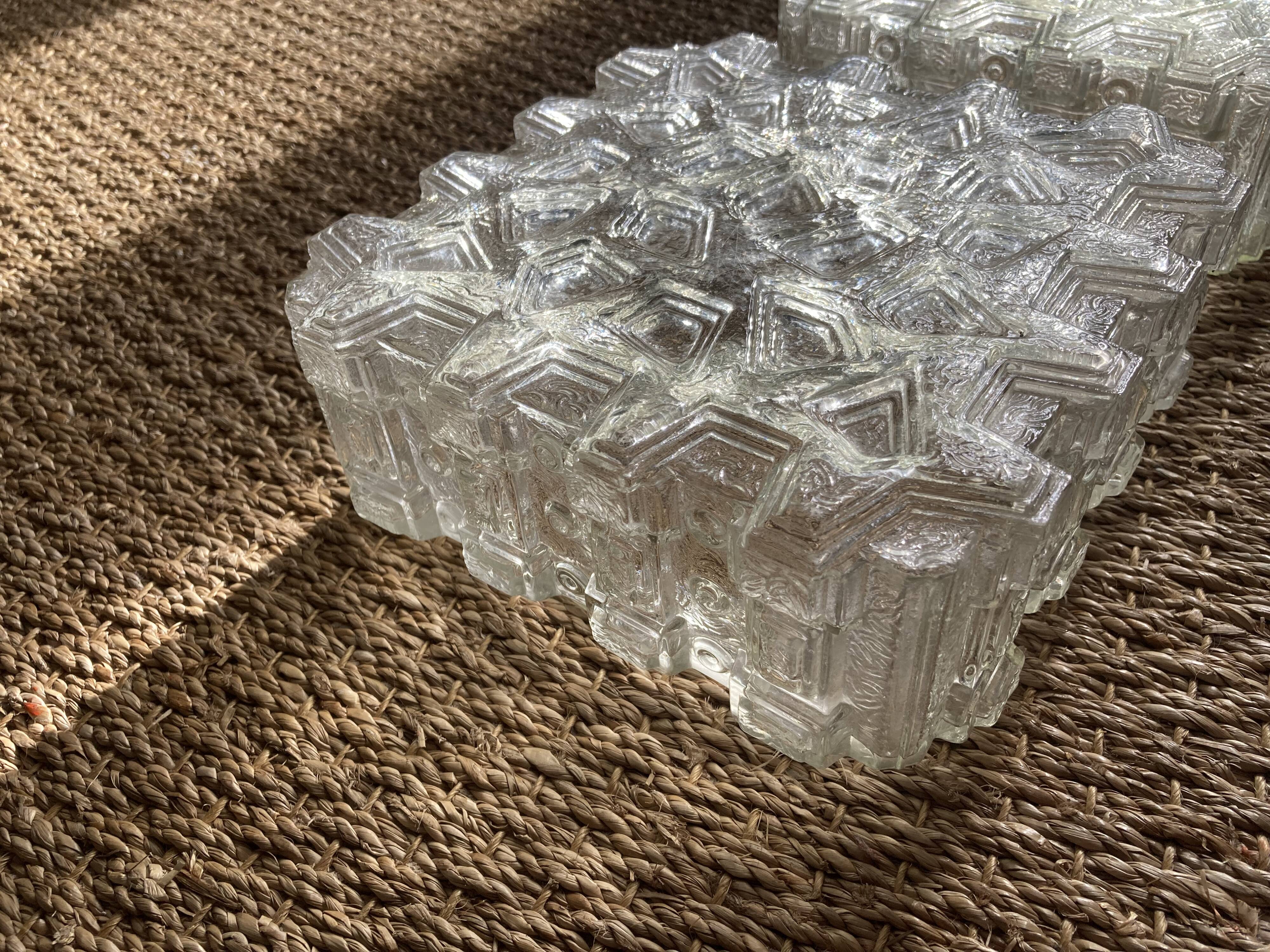 Pair of wall lamp or ceiling lamp in transparent vintage molded glass