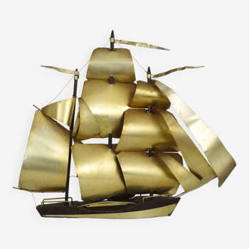 Vintage decorative boat with brass sails, 1960s