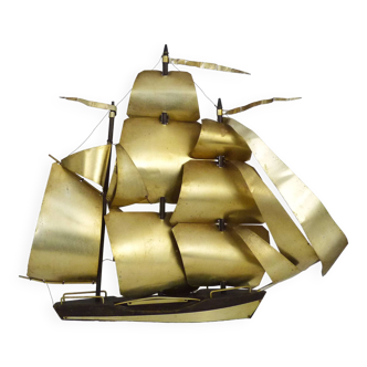 Vintage decorative boat with brass sails, 1960s