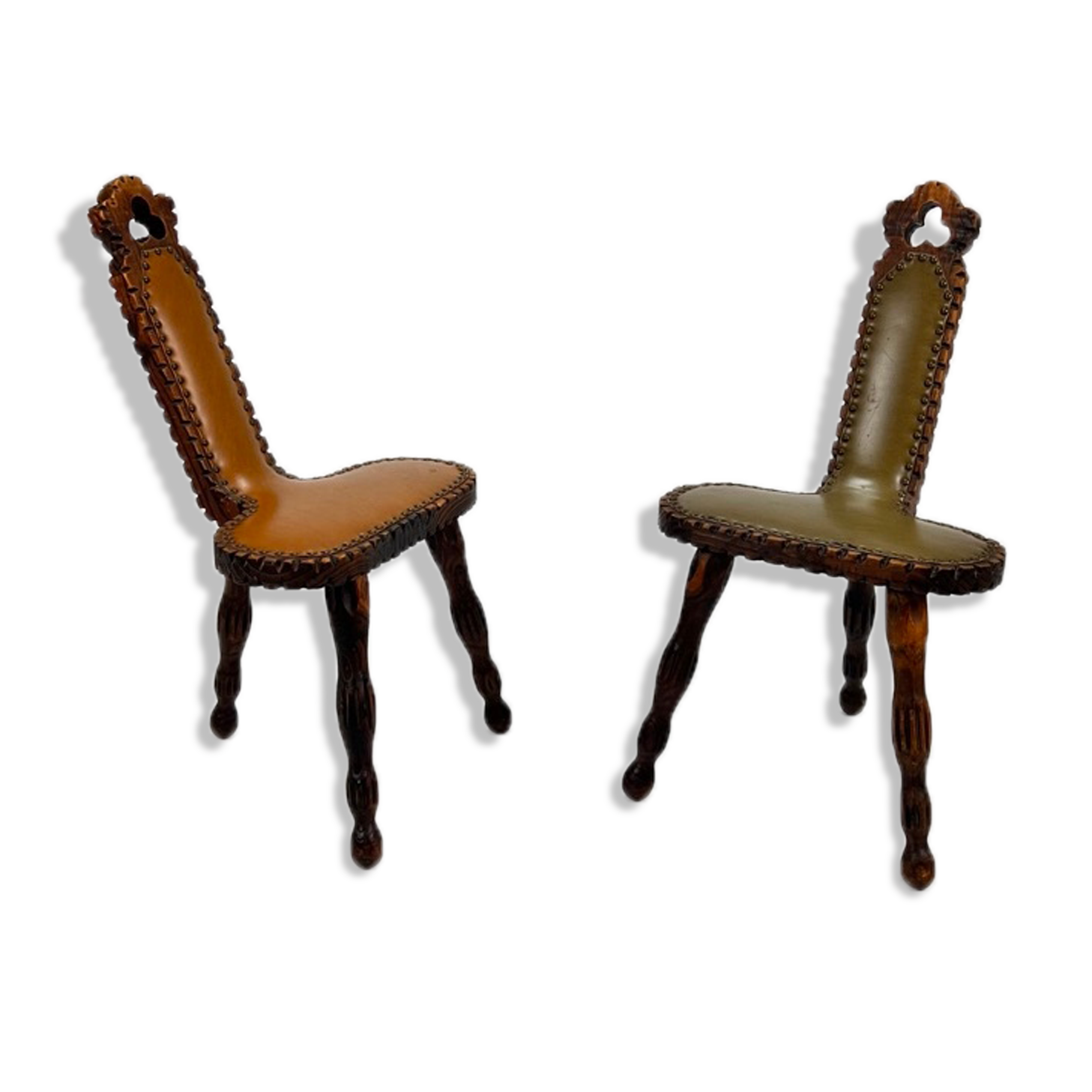 Set of 2 mid century brutalist oak tripod stools, 1960s