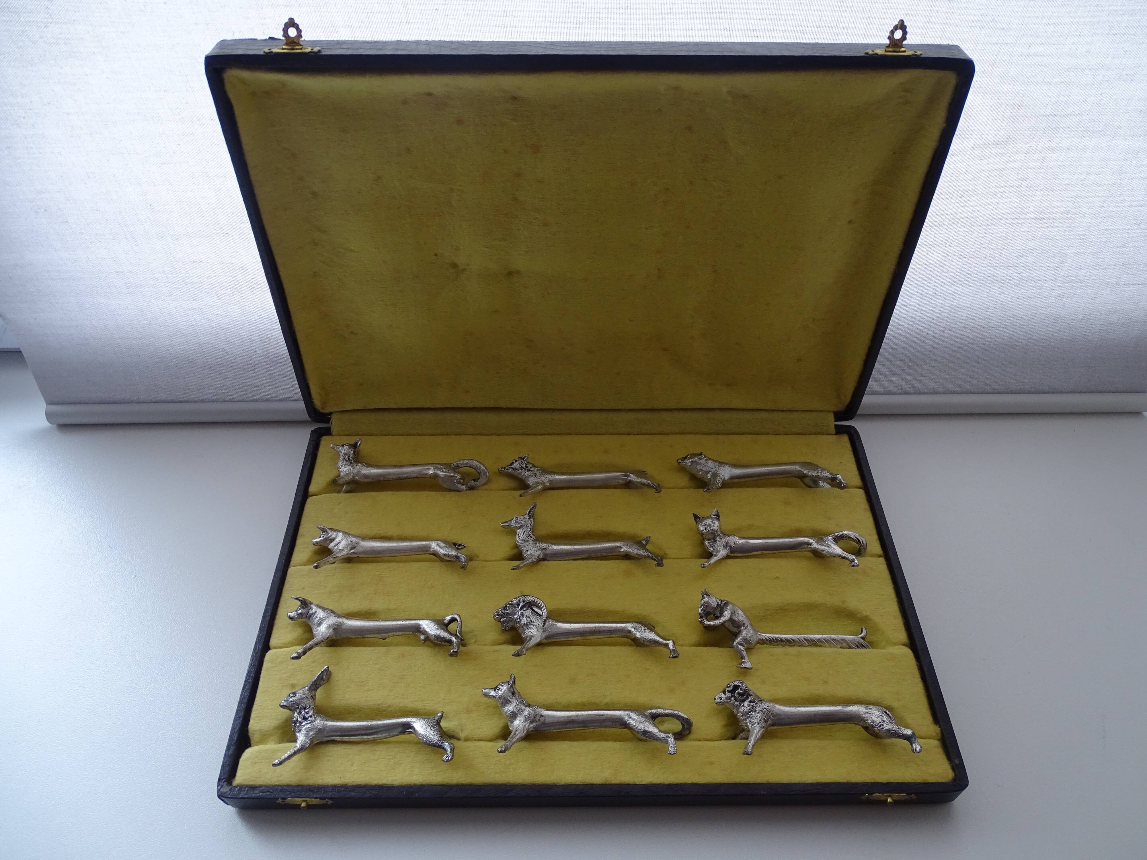12 animal knife holders Art Deco antique silver metal in case