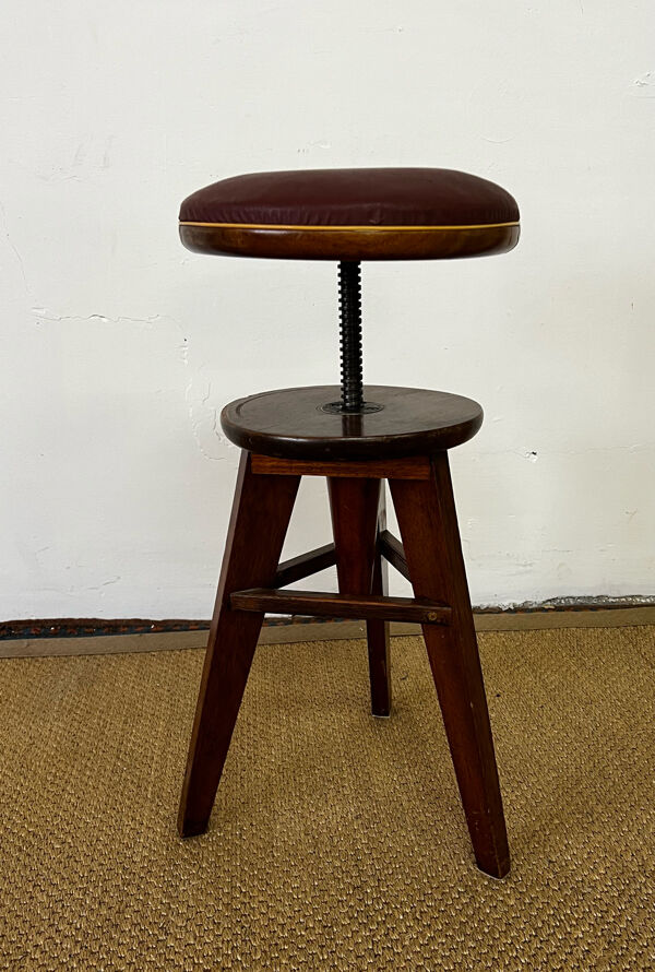 Tabouret à vis en bois et skaï