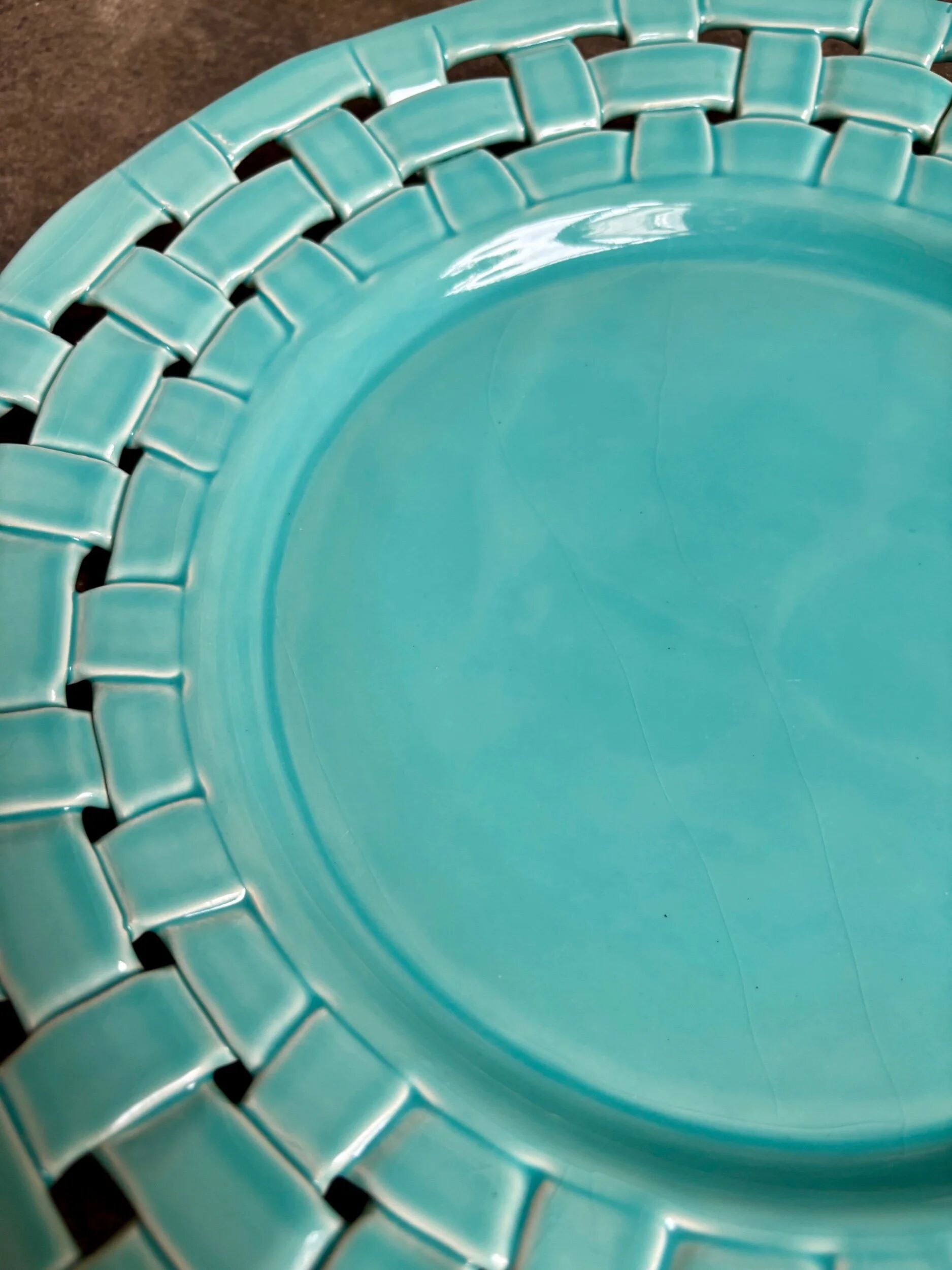 Serving plate, turquoise woven ceramic dish