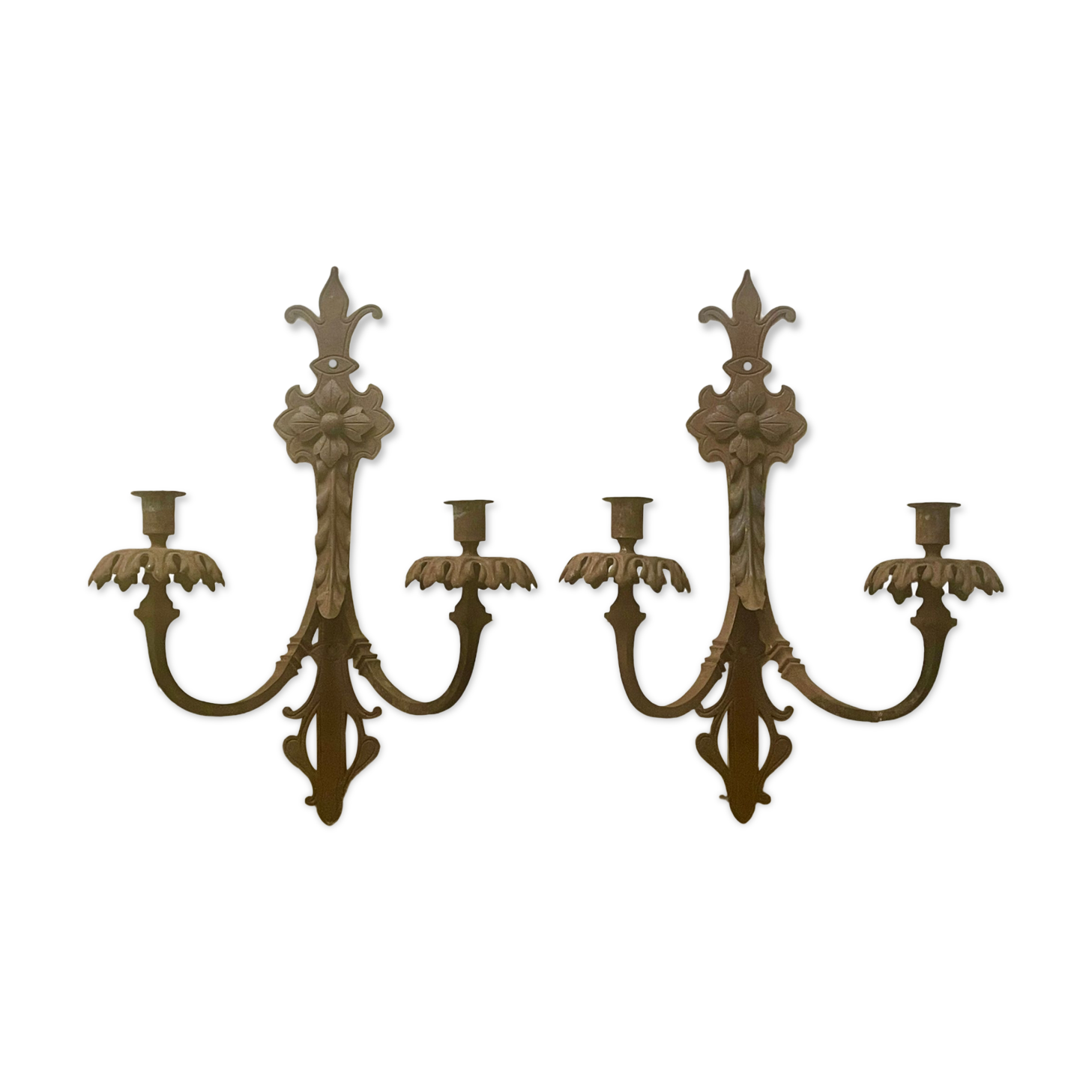Large pair of non-electrified medieval style candle sconces rusty iron