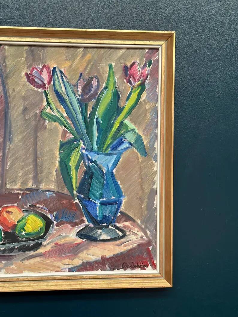 Original Swedish Oil on Canvas - 'Tulips' by Knut Lindström - Signed - Dated 1966 - Framed