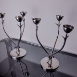 Pair of art deco candlesticks in stainless steel 3 flames and blue stones, Spain, 1970