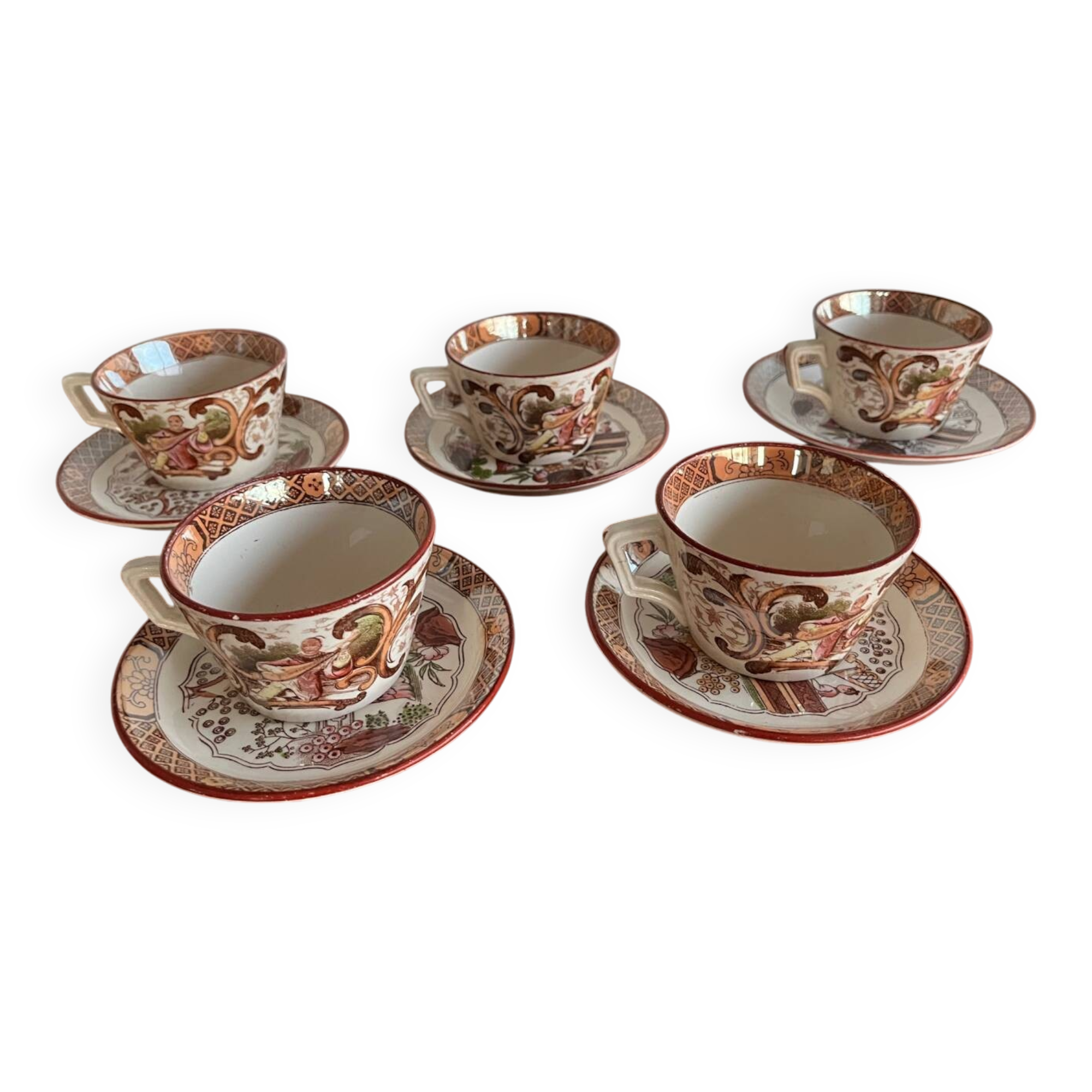 Set of 5 Sarreguemines Chinese Cups and Saucers.