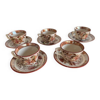 Set of 5 Sarreguemines Chinese Cups and Saucers.