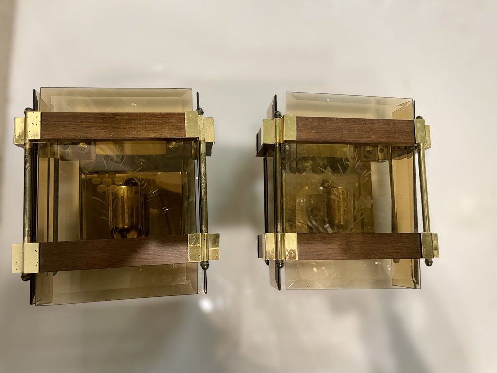 Smokey Glass Wooden Brass Sconces, Set of 2