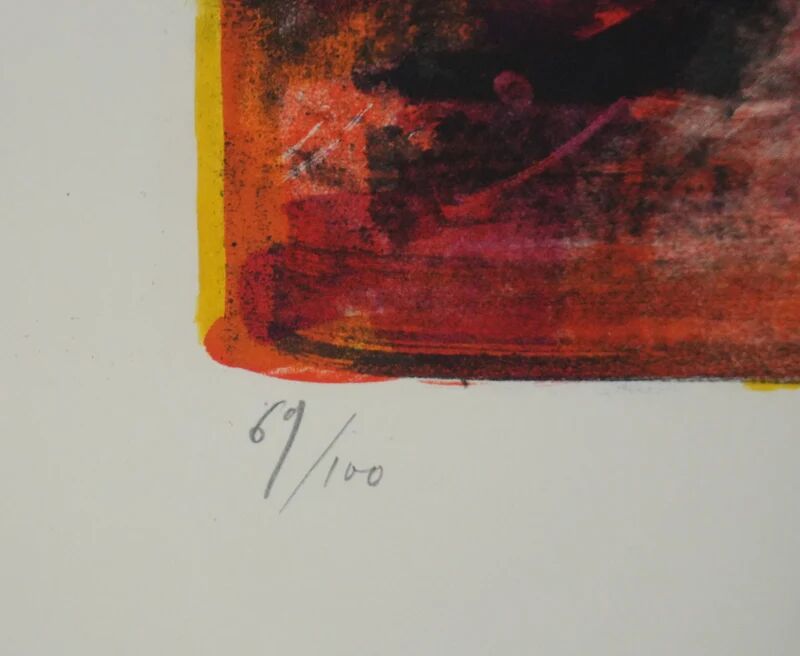 Marcel Mouly : Combat rouge, lithographie originale signée