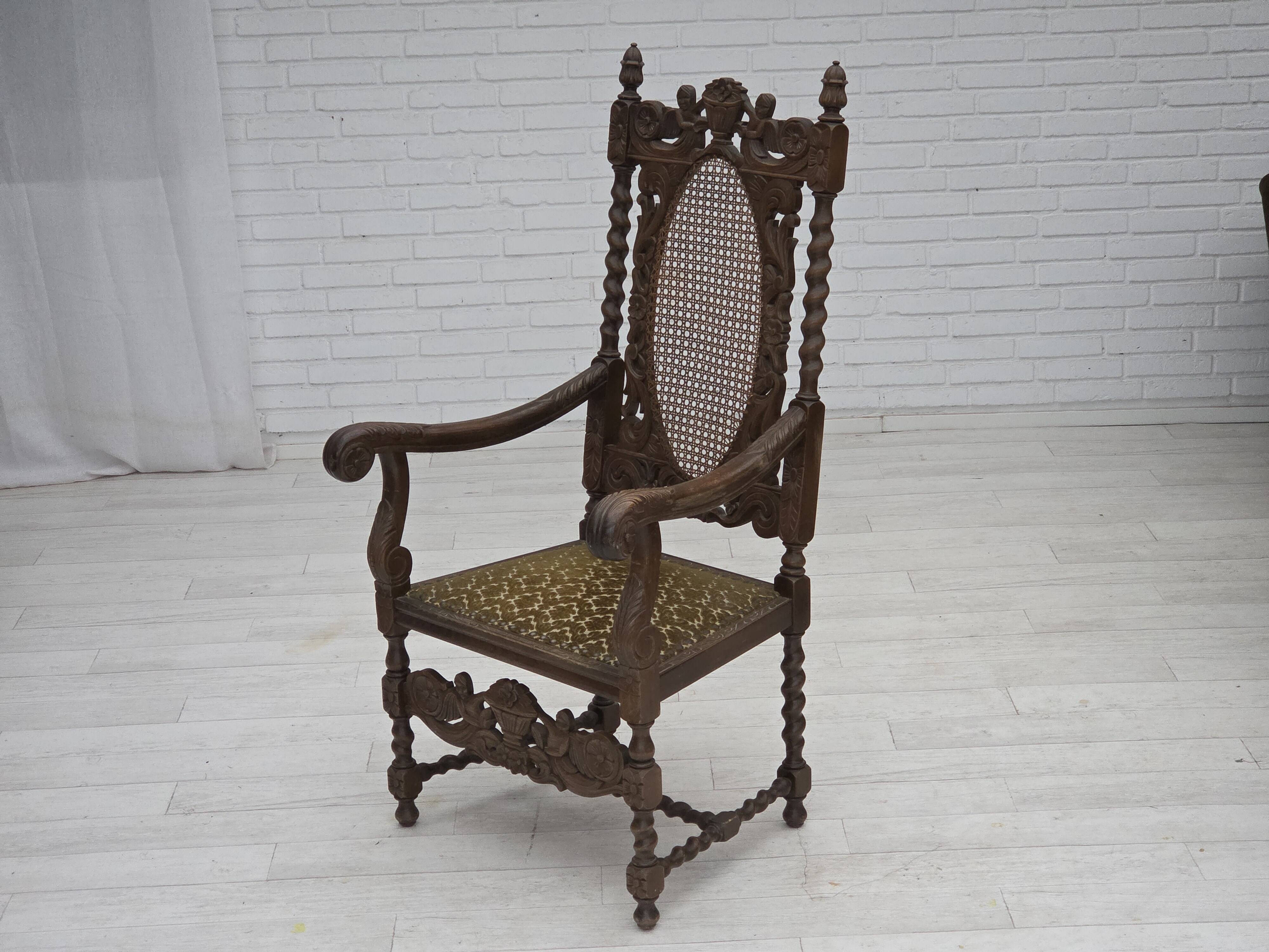 1930s, Danish highback armchair, furniture mesh, velour, carved oak wood.