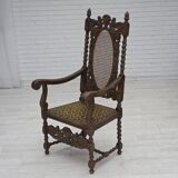 1930s, Danish highback armchair, furniture mesh, velour, carved oak wood.