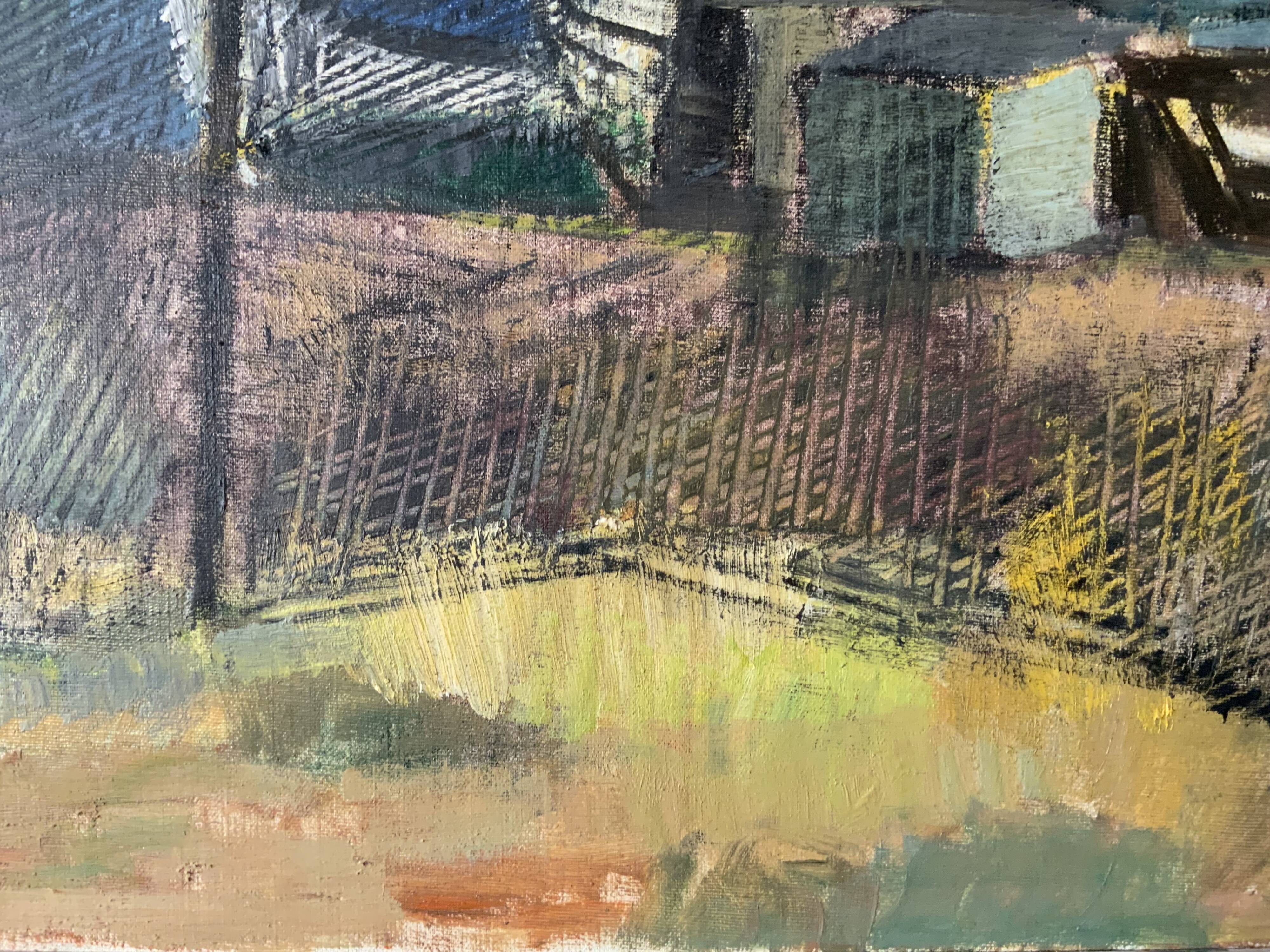 Vintage Oil Painting Fishing Village Scene 1950s