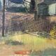 Peinture à l'huile vintage représentant une scène de village de pêcheurs, années 1950