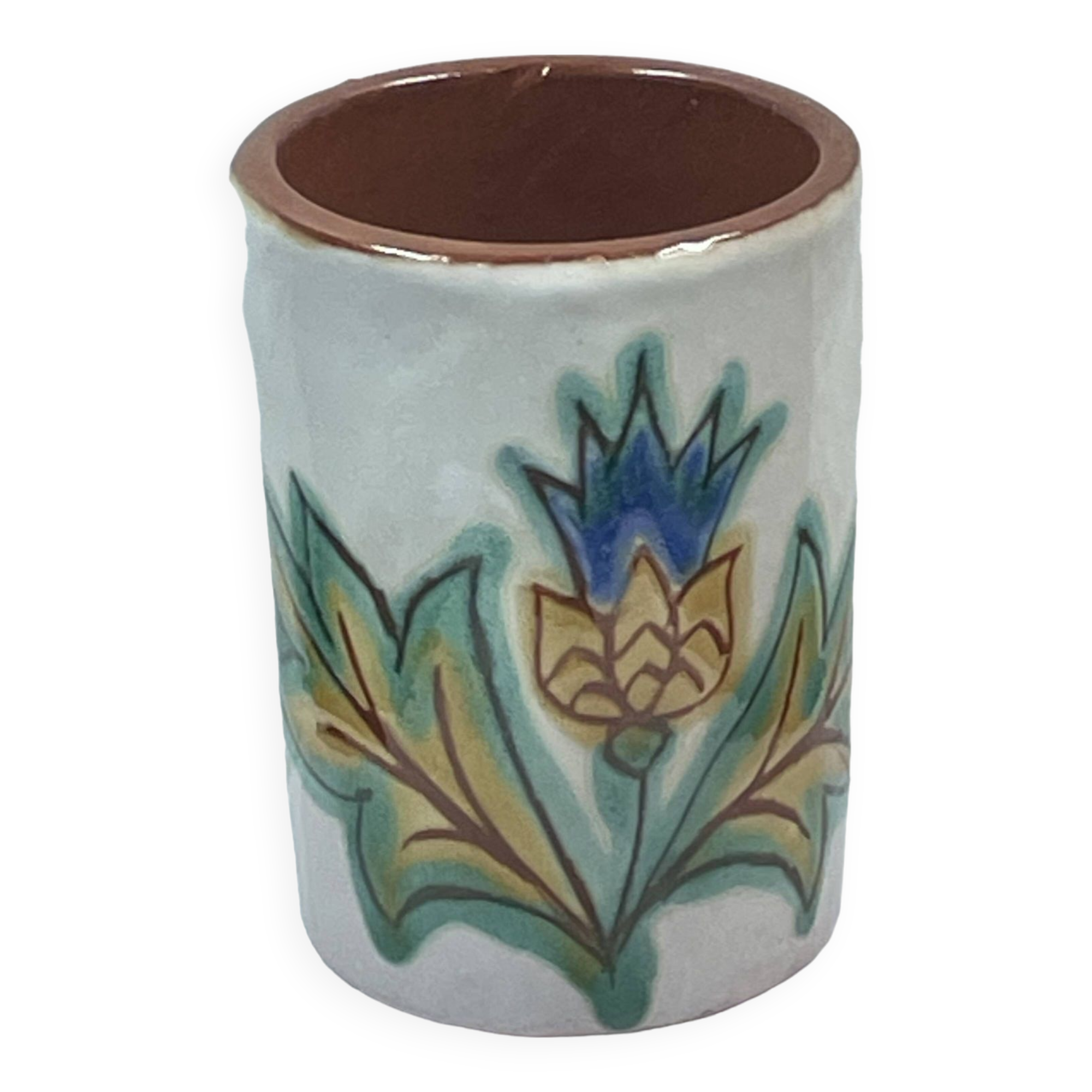 Vintage ceramic, 70" vintage cornflower enameled brush pot to identify