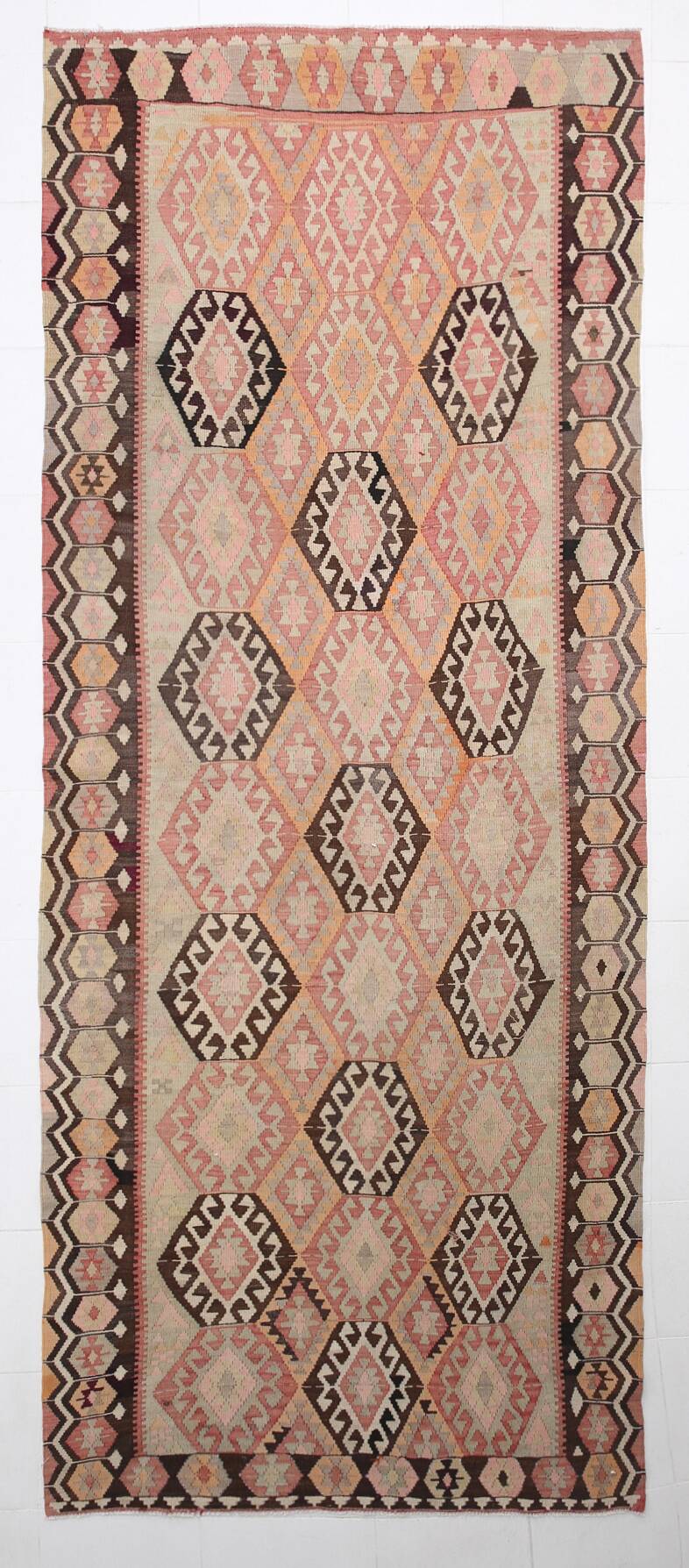 Turkish Vintage Kilim Rug: Shades Of Red Brown Handmade Wool Rug 160x417Cm