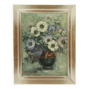 Nature morte de fleurs vintage, peinture amateur encadrée et signée