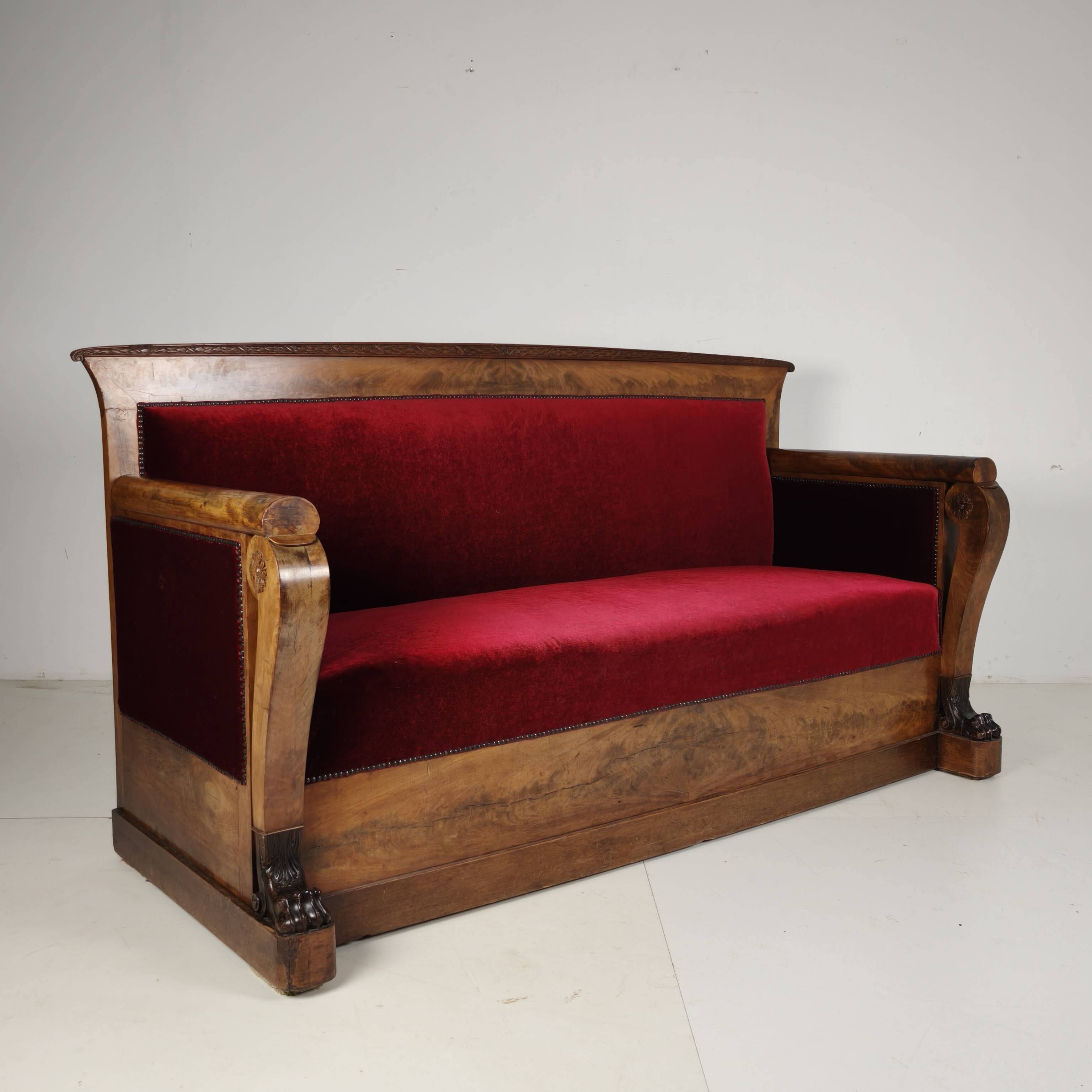 Empire Walnut Red Sofa, early 19th Century
