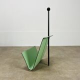 Postmodern magazine rack by Porada Arredi, green leather, 80s memphis