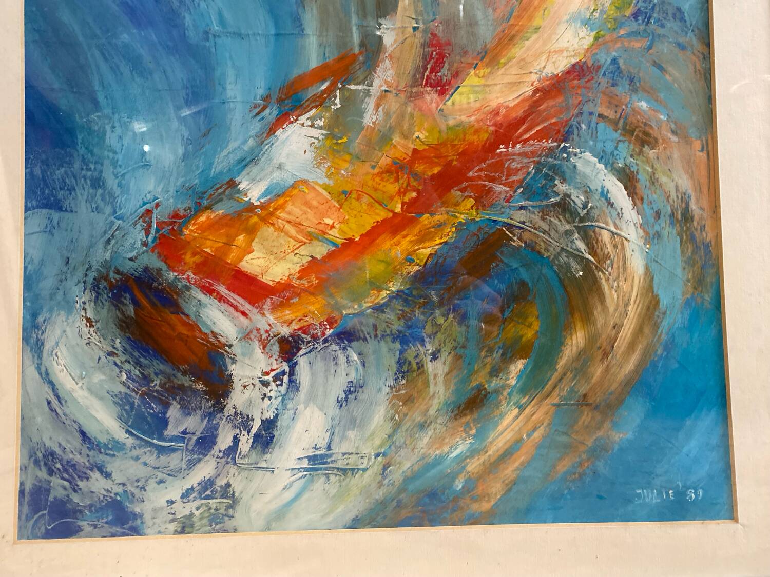 Old Oil On Paper JULIE Boat 89 + Grey Aluminum Frame