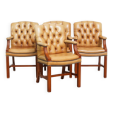 Set of 4 cowhide leather Chesterfield dining chairs in light cognac colour