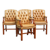 Ensemble de 4 chaises de salle à manger Chesterfield en cuir de vachette de couleur cognac clair