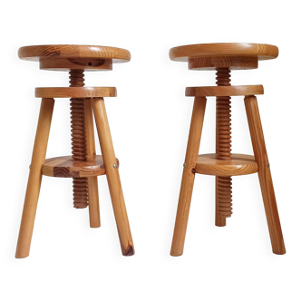 Pair of adjustable pine stools from the 70s