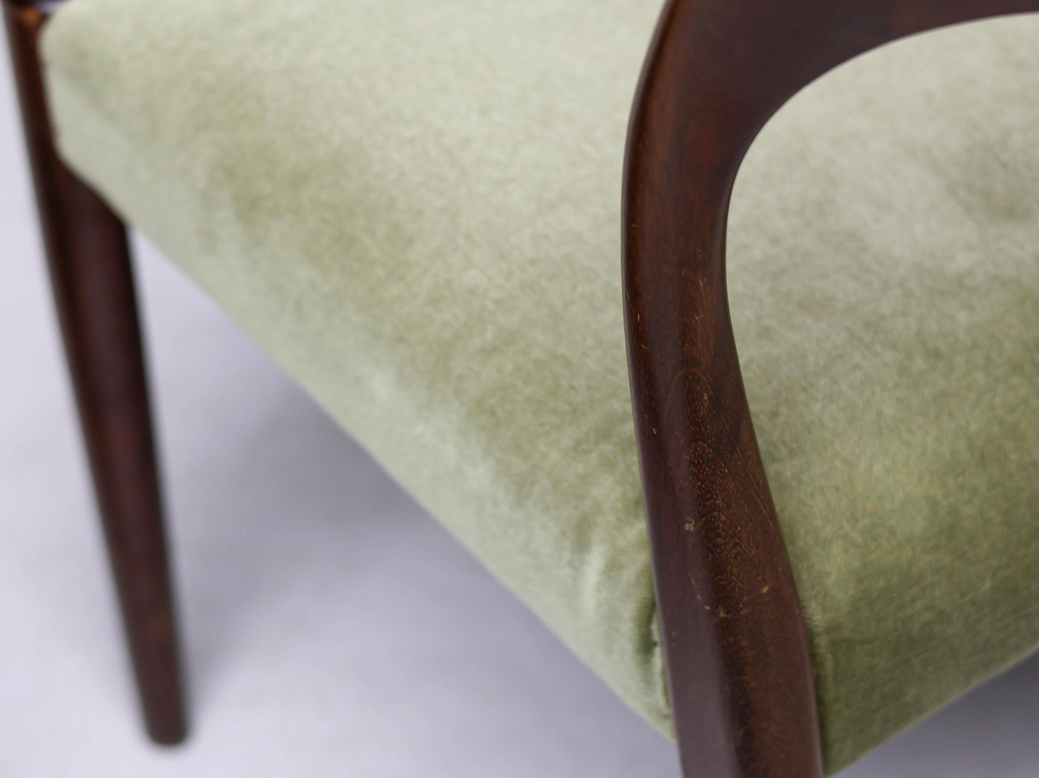 Pair of chairs Model No 71 by Niels Møller in teak and moss green velvet, 1960.