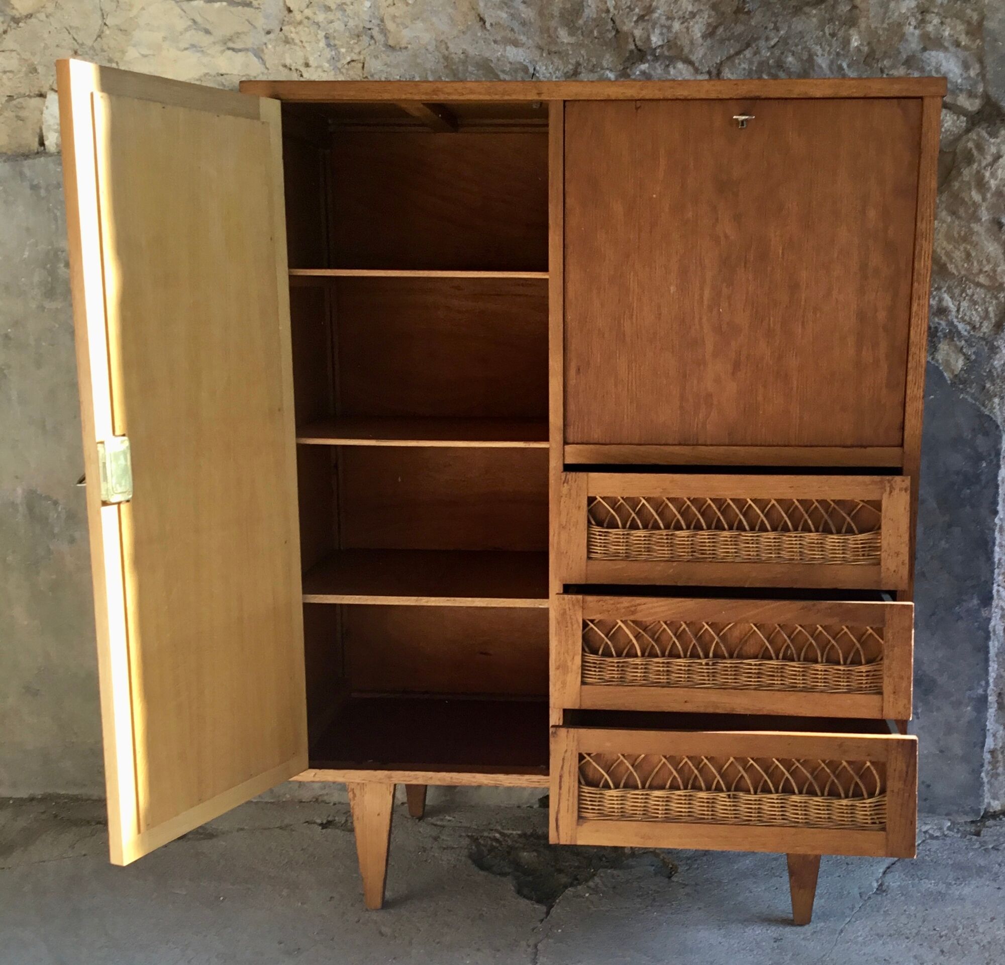 Rattan cabinet with integrated illuminating secretary vintage 1960