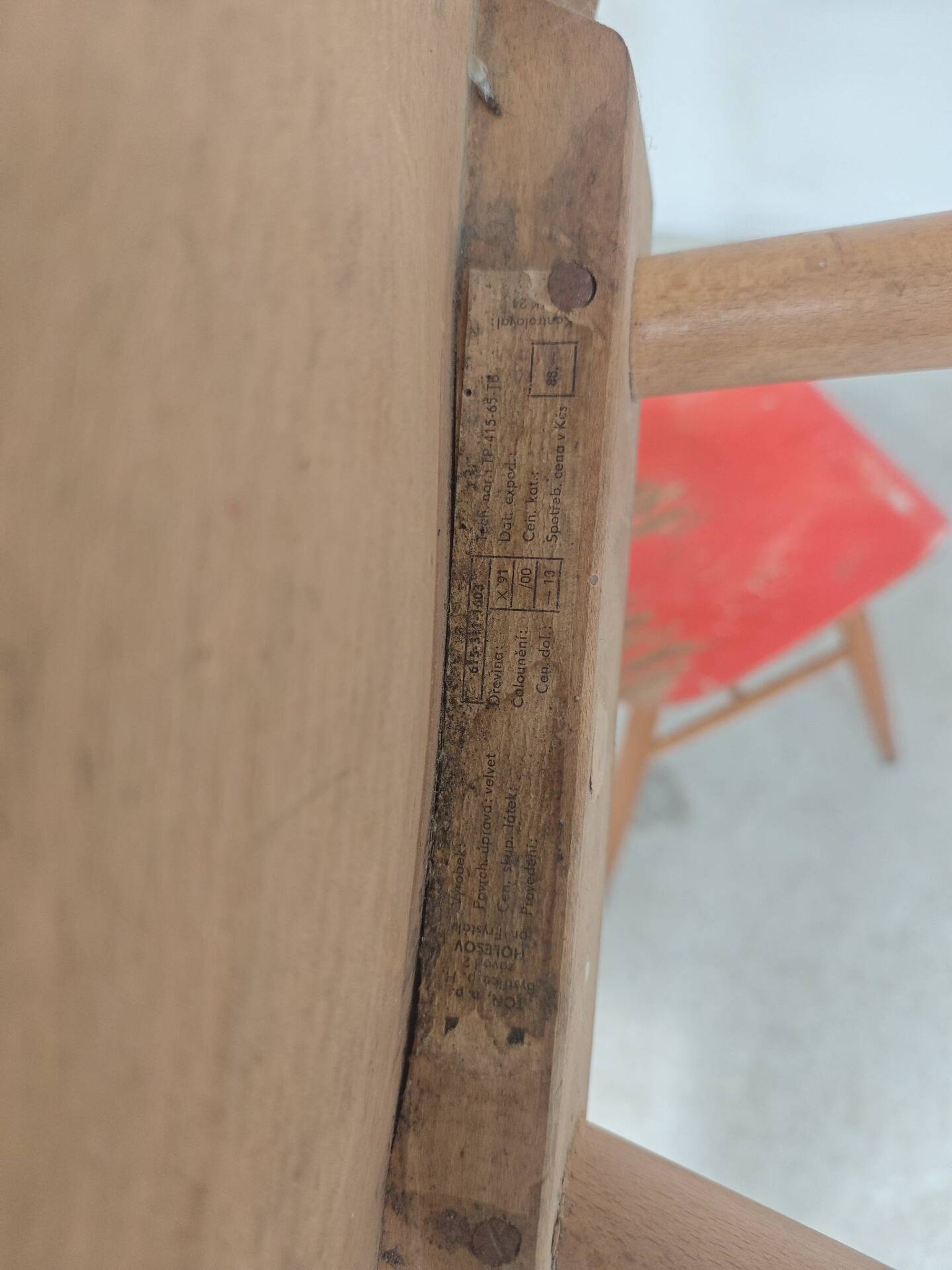 Set of 4 Ton (Thonet) red wooden chairs from the 1960s.